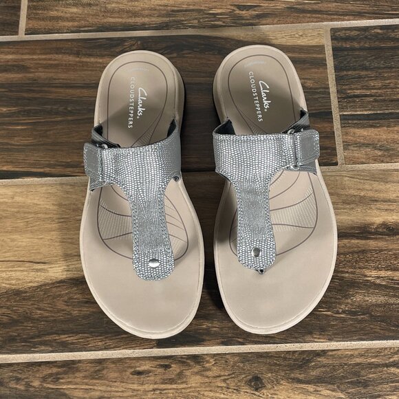 Clarks Glide Walk Womens Size 8 Shoes Pewter T Strap Cloudsteppers Thong Sandals - Picture 13 of 14